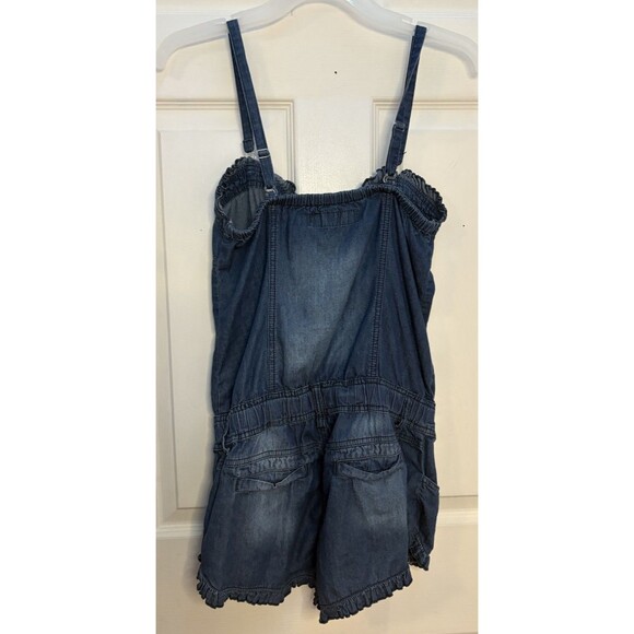 Denim Romper Spaghetti Straps Pleated Ruffles Buttons Pockets Size Small Noble - Picture 2 of 7